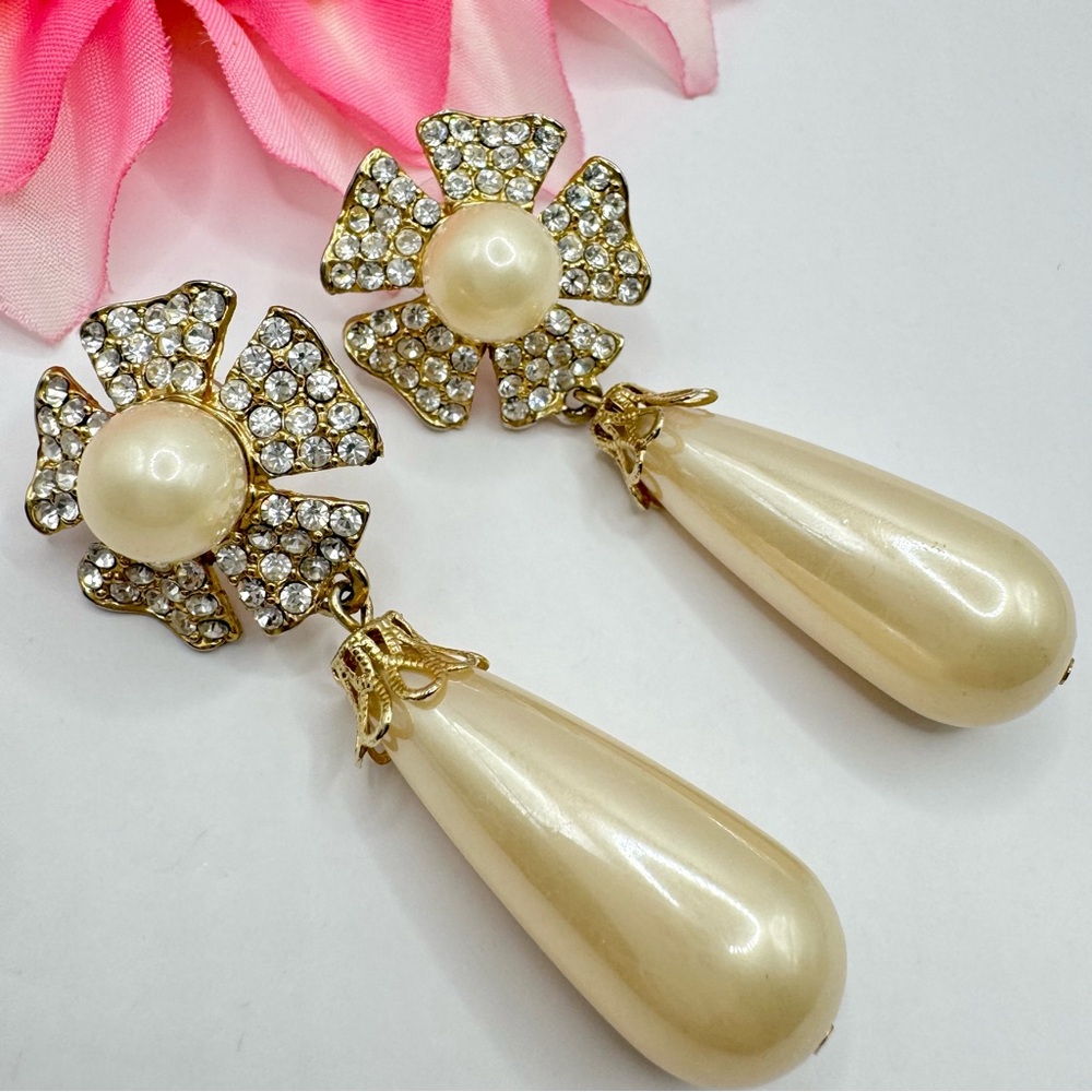 Vintage Floral Pave Faux Pearl Dangle Earrings Designer Style Huge Chunky Chic